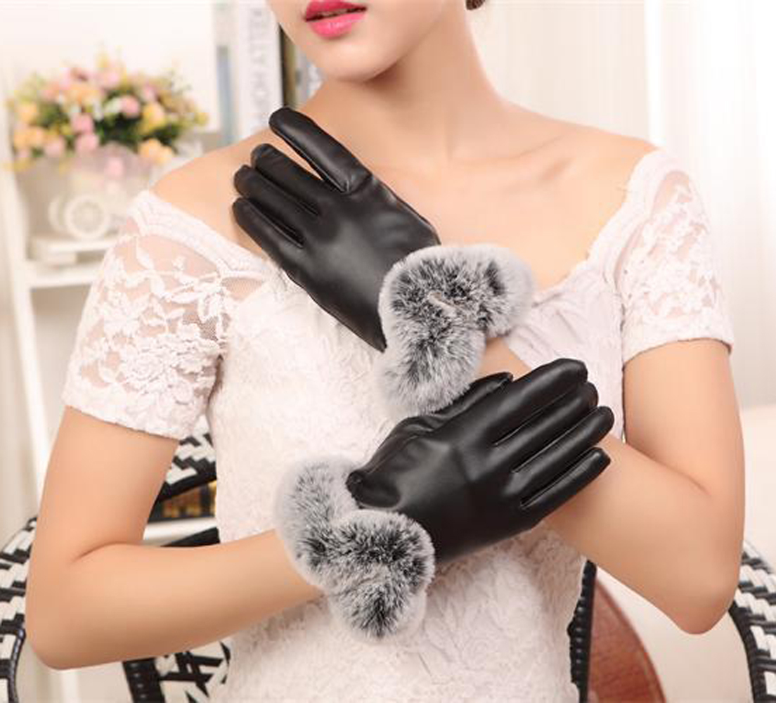 SZ60071-1 Womens Winter Touchscreen PU Leather Gloves Thermal Lining Mittens